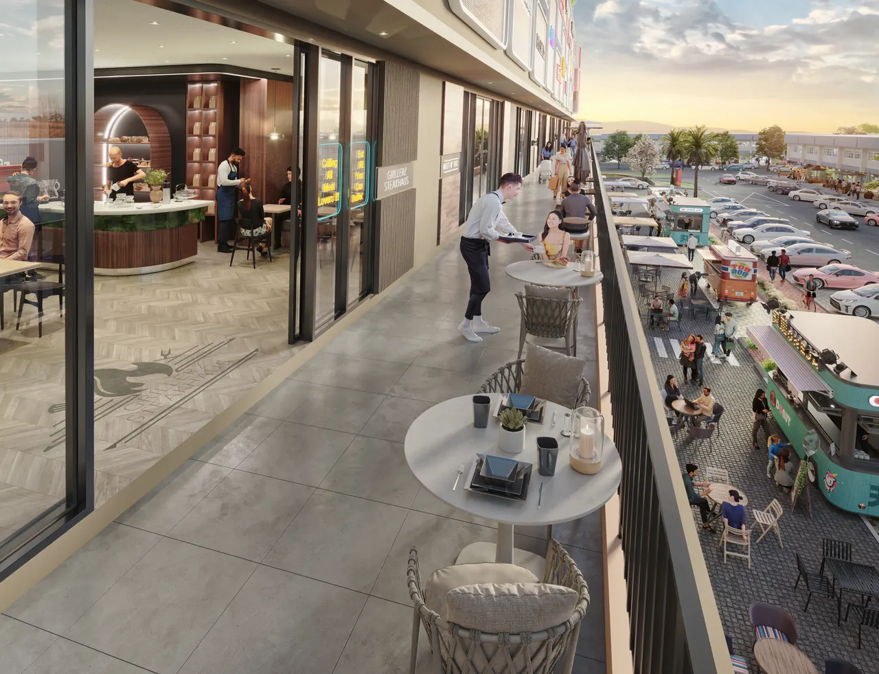 Level 1 walkway at A-SOHO overlooking the food truck park below.