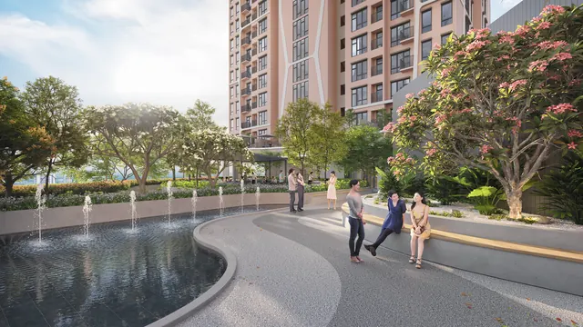 Residents walking the landscaped garden deck at A-SOHO.