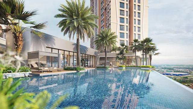 Palm-lined infinity pool deck at A-SOHO @ Johor Jaya.