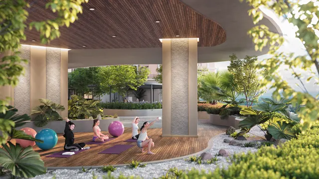 Timber-ceilinged wellness deck with residents at a yoga class.